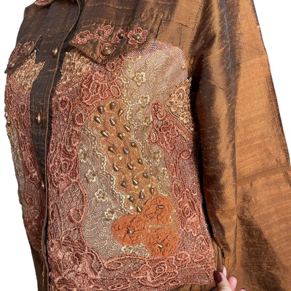 56% Silk Lace Beaded Jacket S Coldwater Creek Bronze Floral Metallic Button-up - Picture 10 of 16